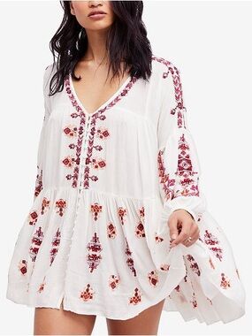 Free People Arianna Embroidered Tunic Mini Dress Ivory Boho Long Sleeve Size L